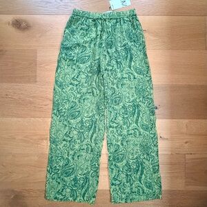 ZARA Green Paisley Printed Flowing Trousers Wide Leg Elastic Waist NWT